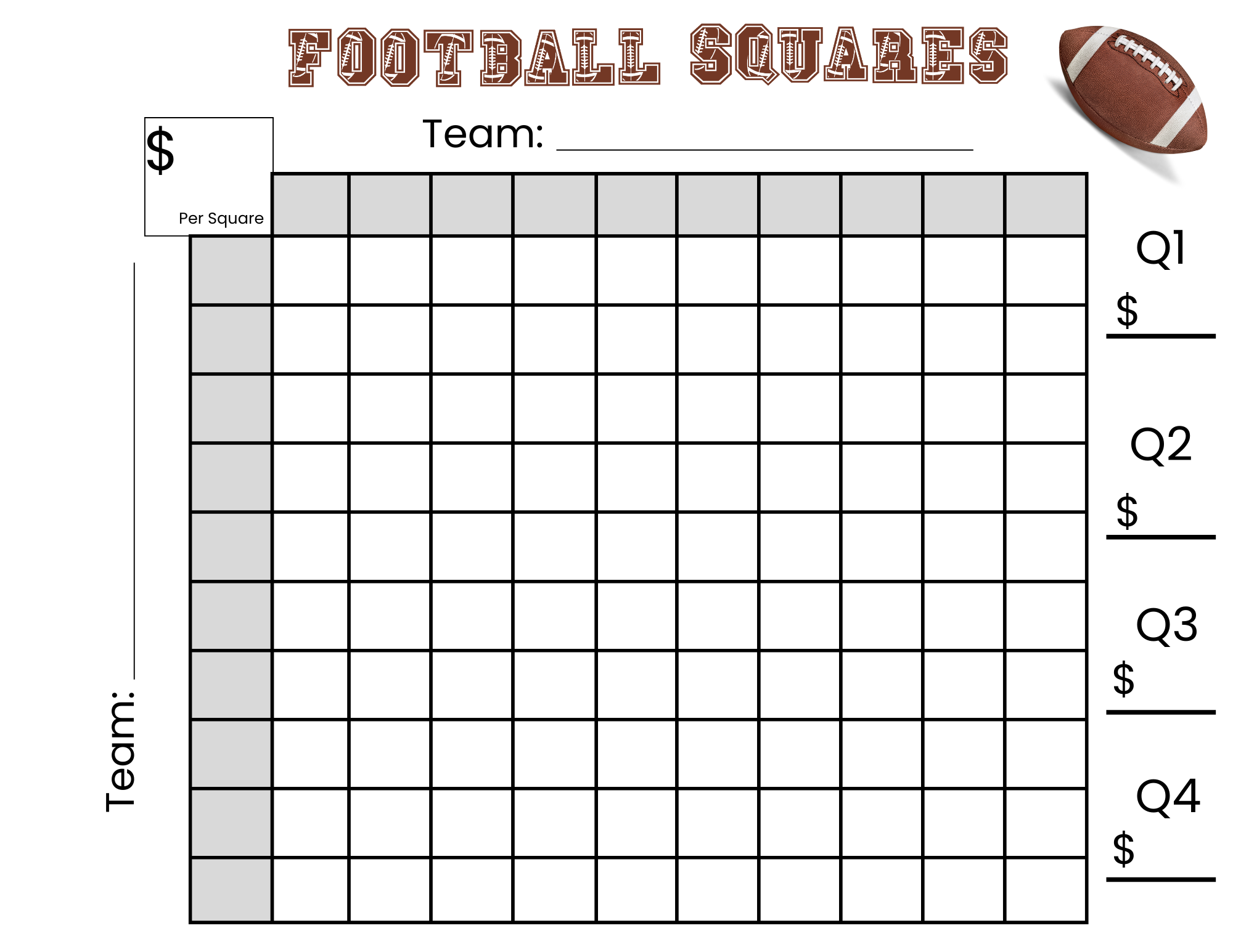 100 Football Squares Game Printable 10 10 Football Squares Instant Download