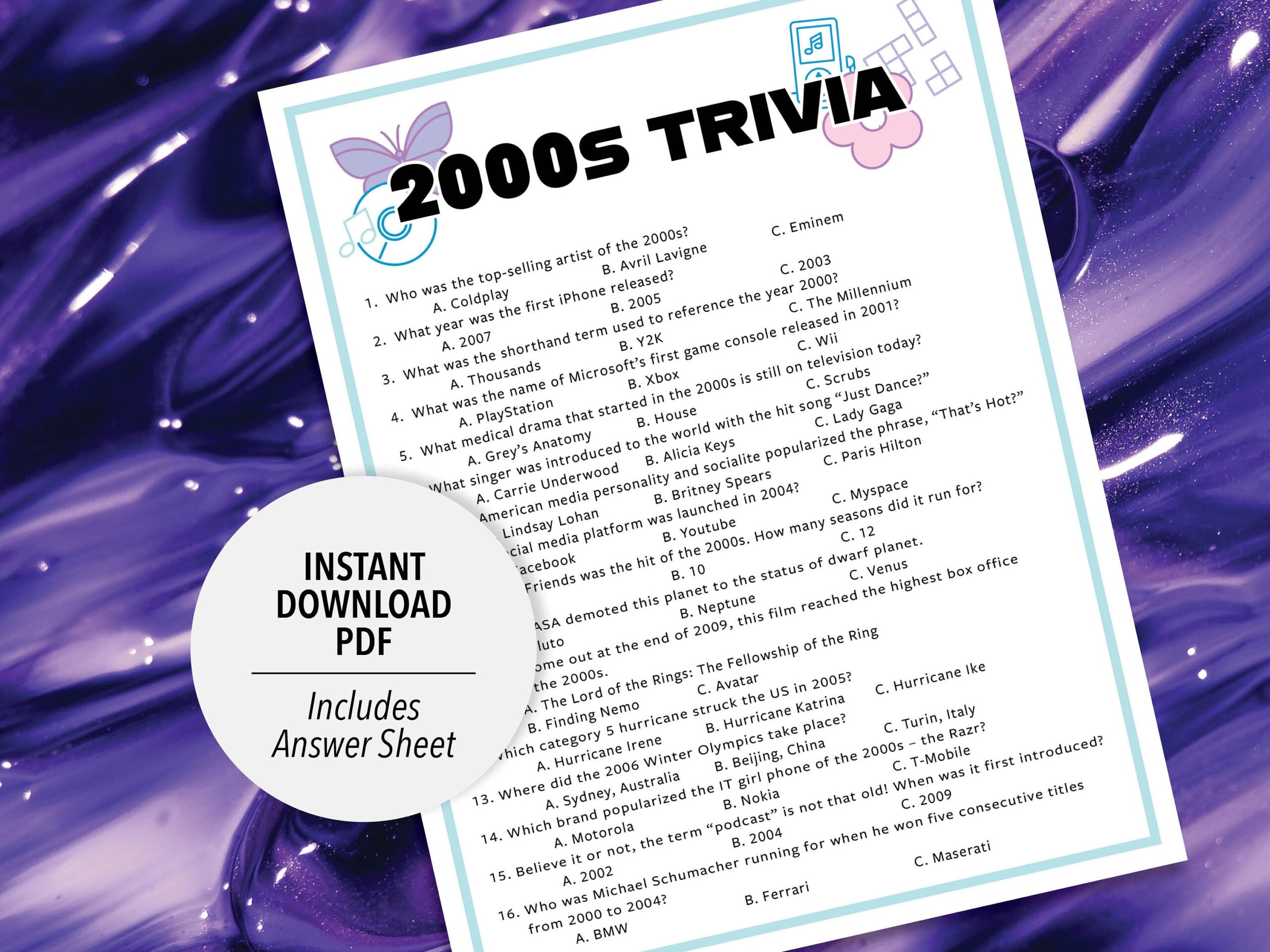 2000s Trivia Game 2000s Quiz Printable PDF Download Etsy