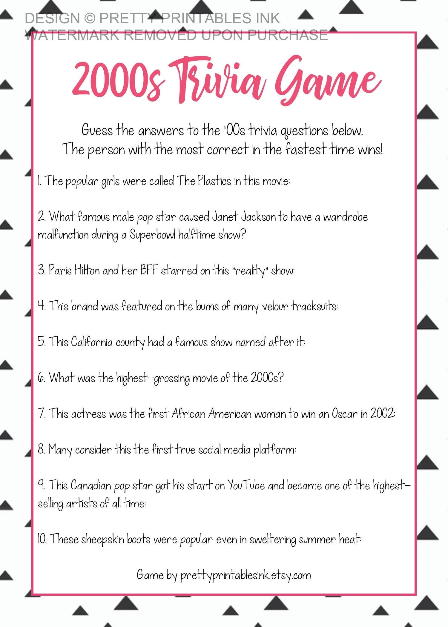 2000s Trivia Game 2000s Quiz Printable PDF Download Etsy
