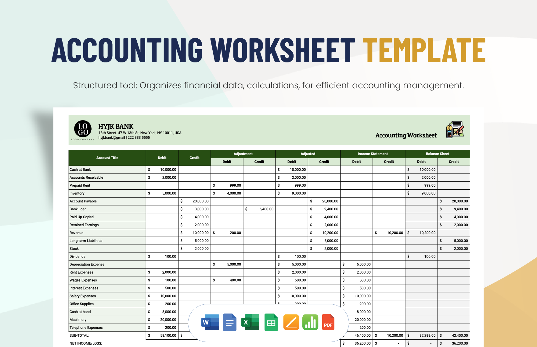 Accounting Worksheet Template In Apple Pages Word Apple Numbers Google Docs PDF Excel Google Sheets Download Template