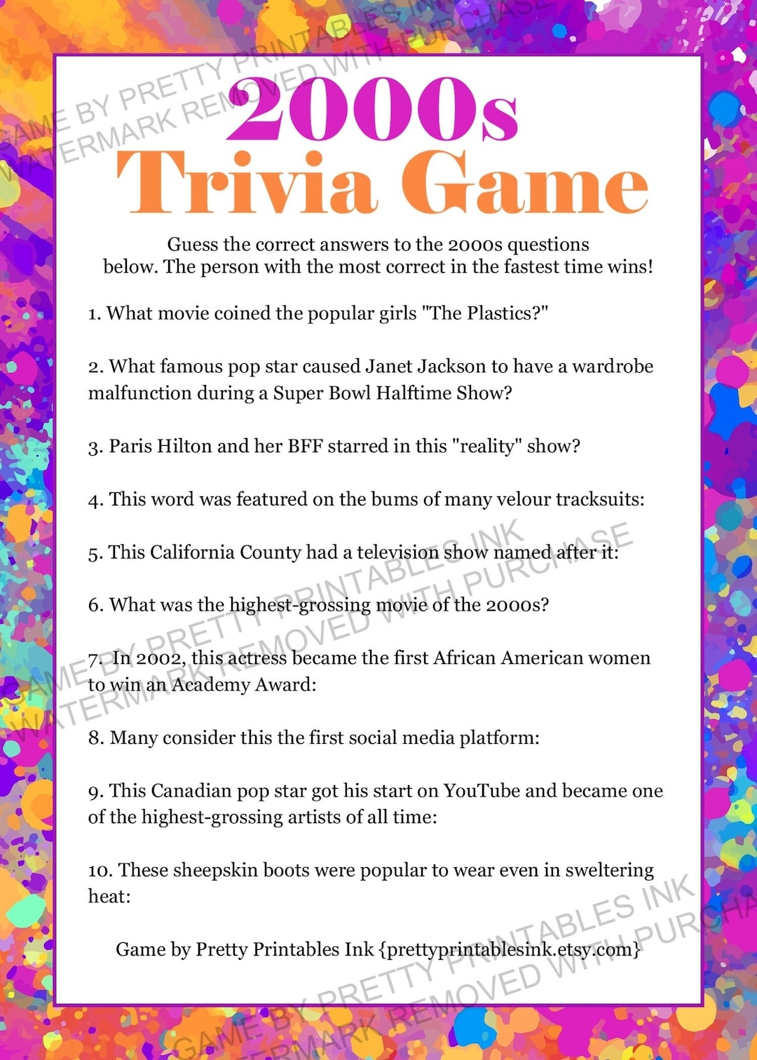 Buy Y2K Trivia Game 2000s Party Girls Night In PDF Printable Online In India Etsy
