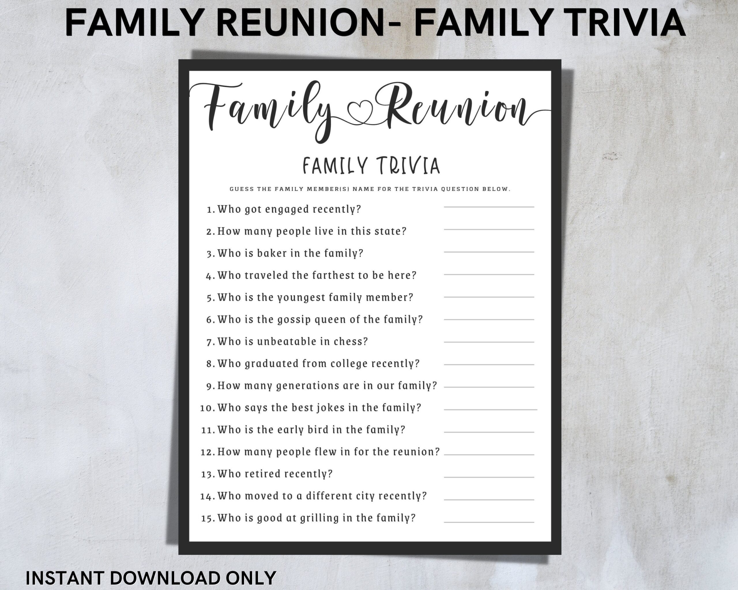 Family Reunion Trivia Game Fun Activity A4 Printable INSTANT DOWNLOAD Etsy