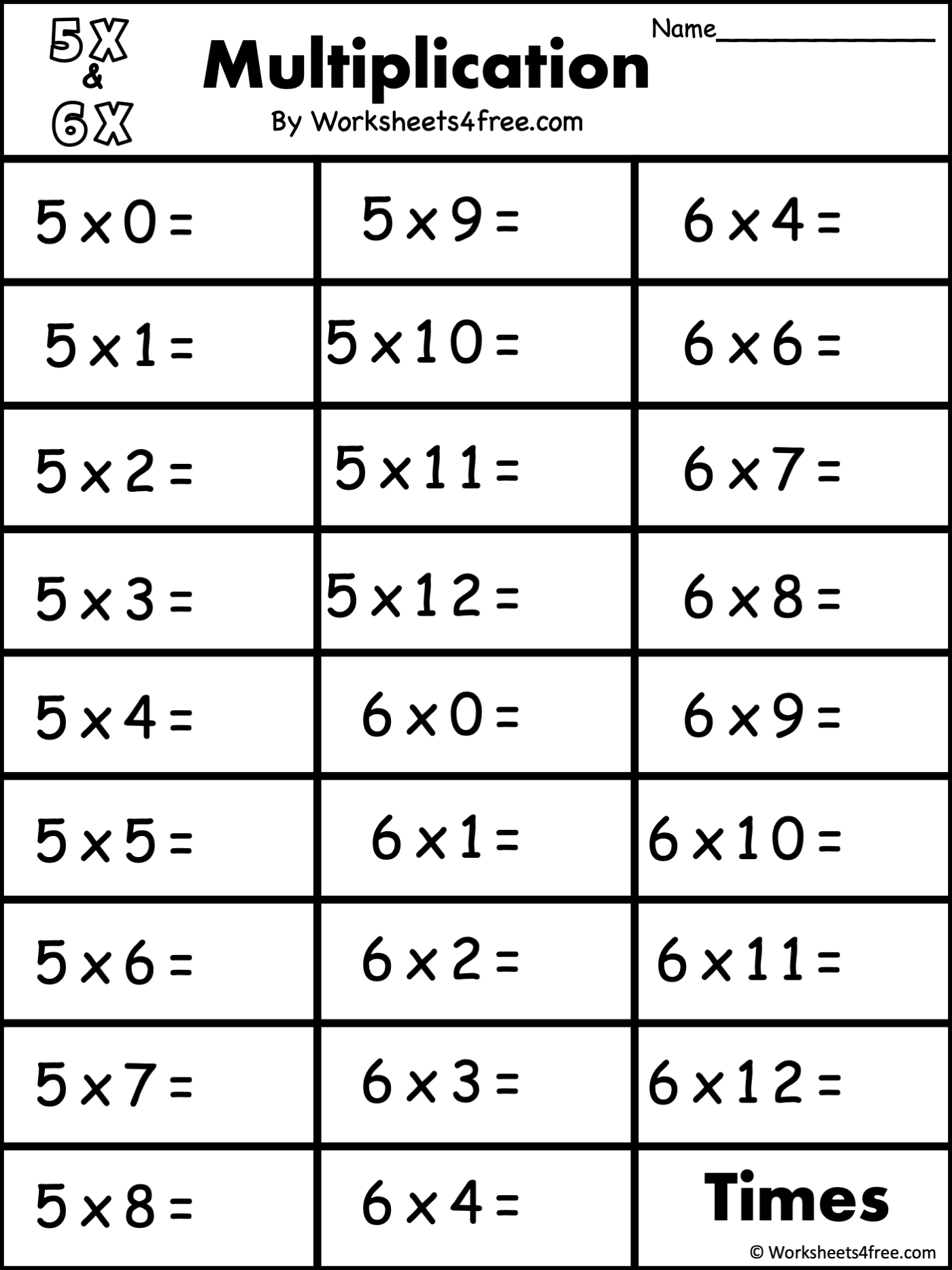 Free Multiplication Worksheet 5s 6s Worksheets4Free
