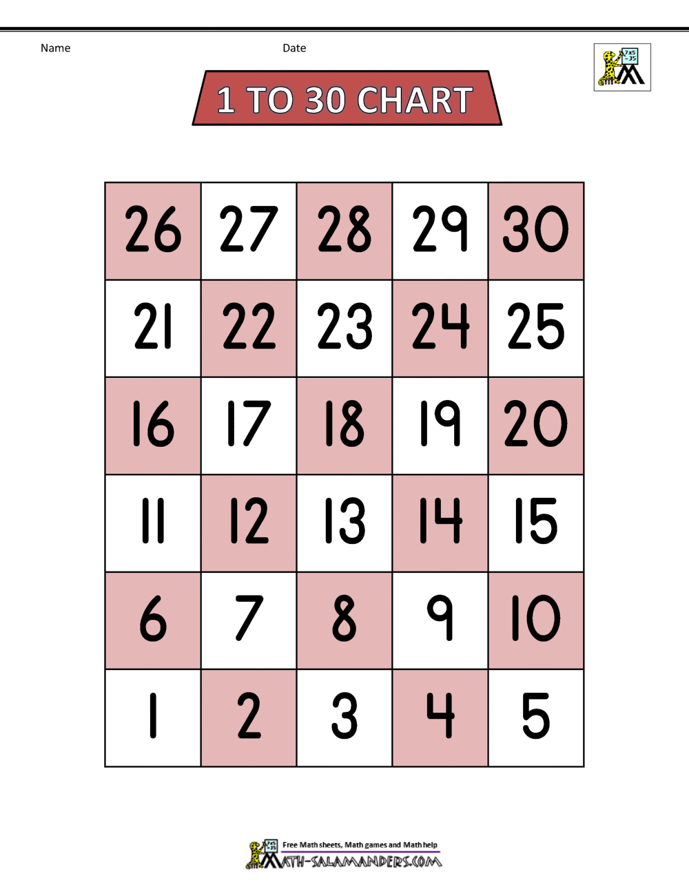 Free Number Chart 1 30