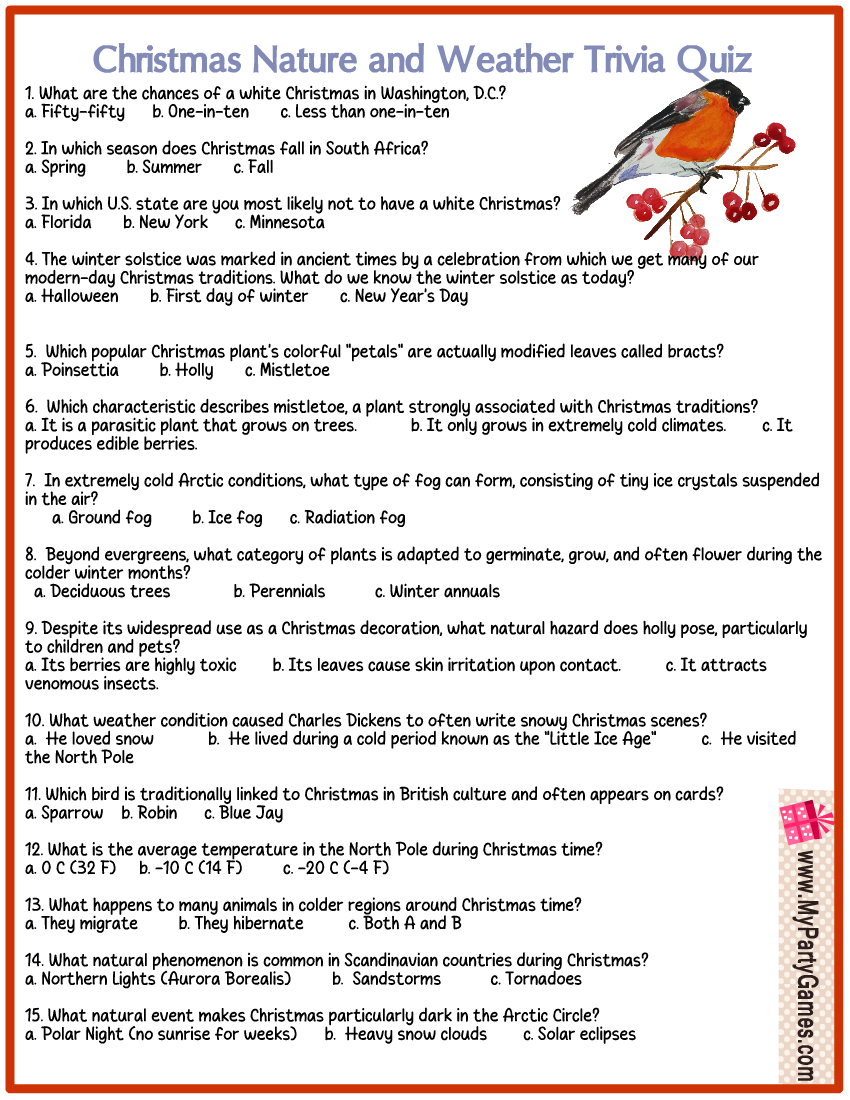 Free Printable Christmas Nature And Weather Trivia Quiz