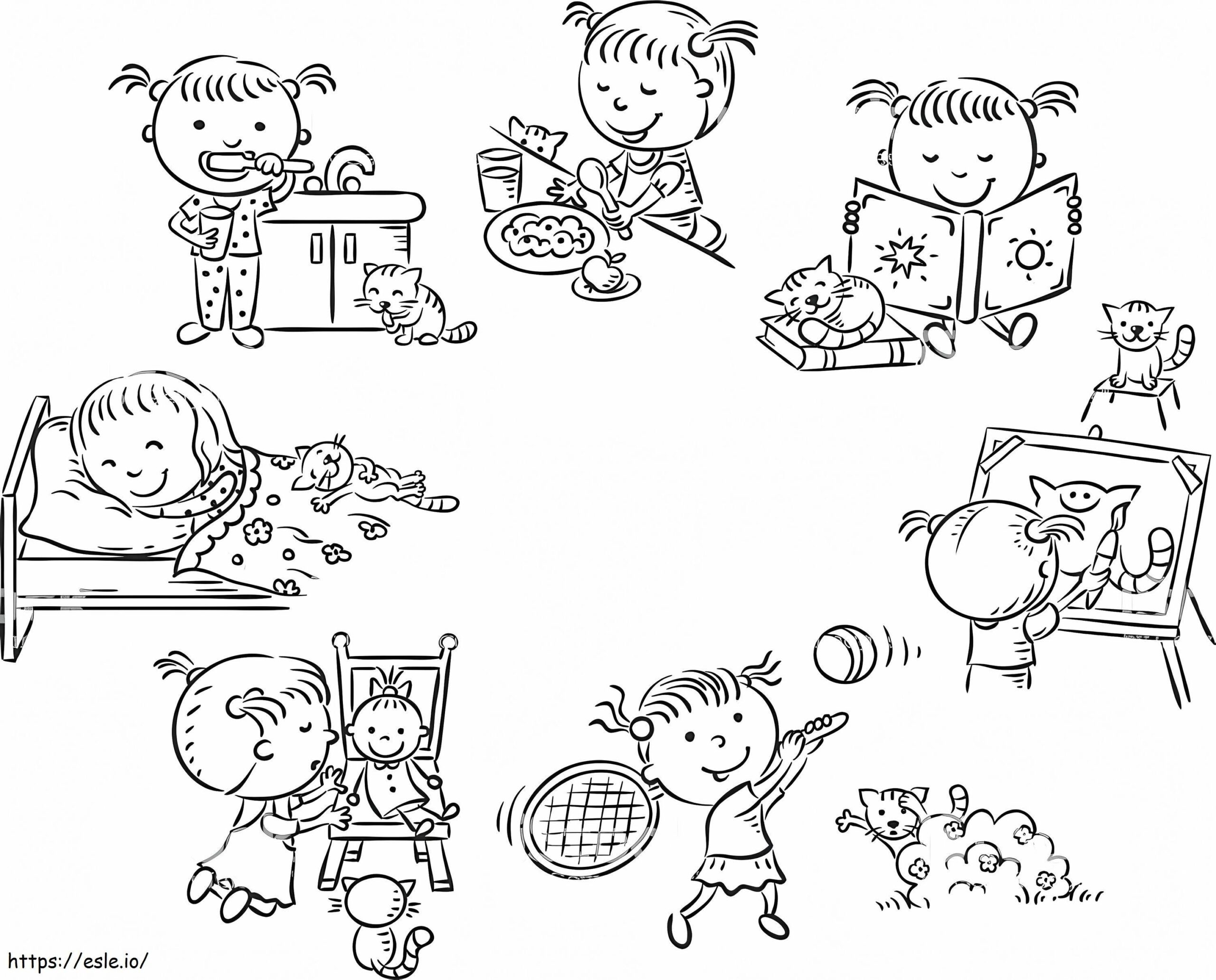 Little Girls Daily Routine Coloring Page