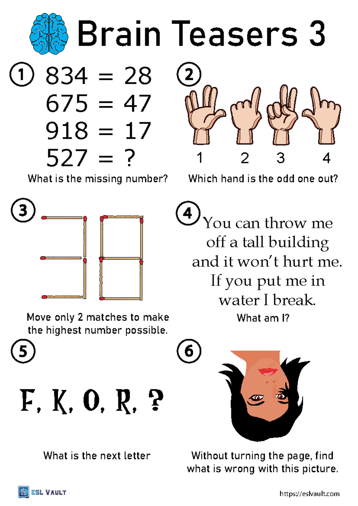 Printable Brain Teasers With Answers 3 Eslvault Brain Teasers 3 What Is The Missing Number Which Studocu