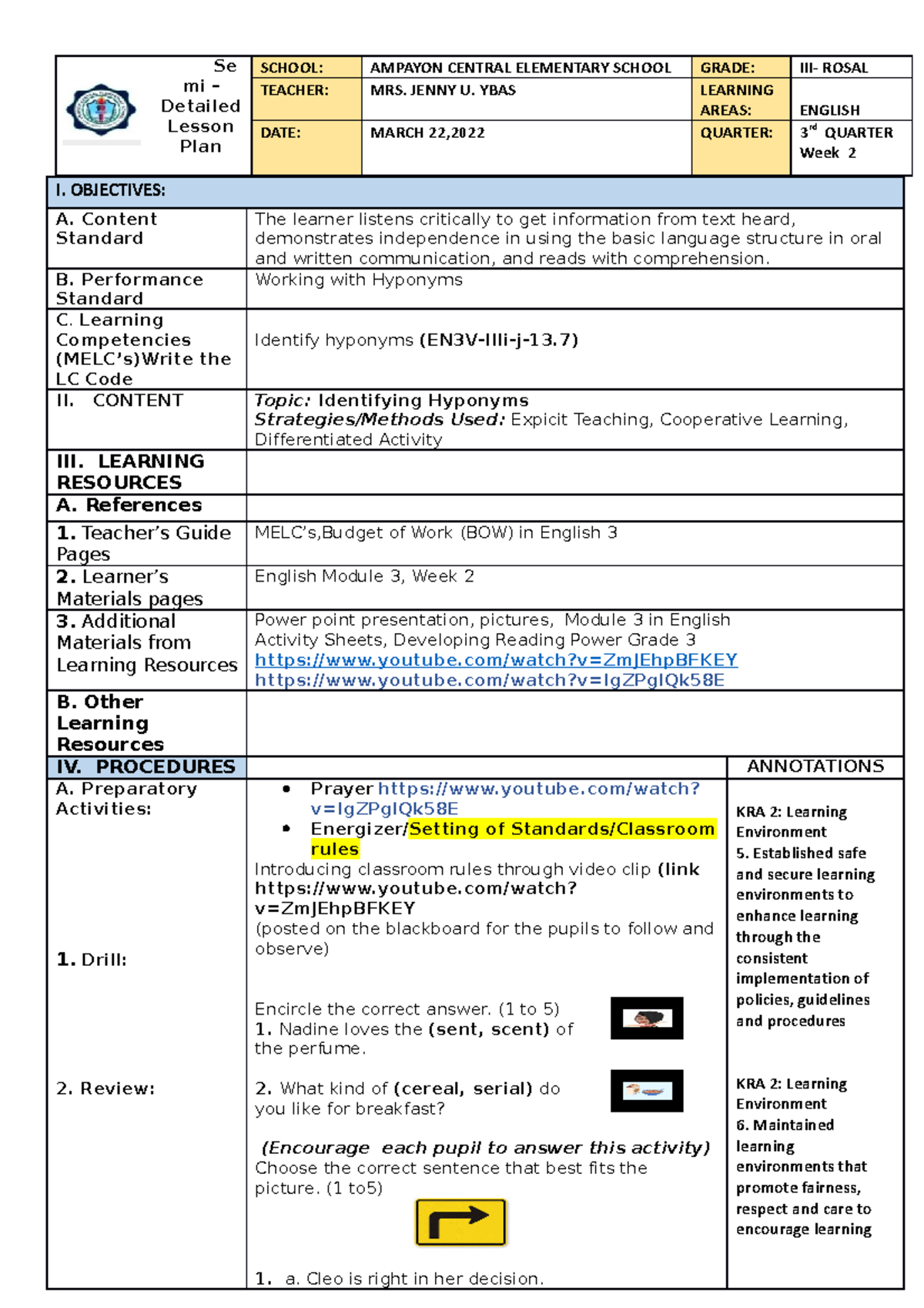 Q3 Detailed Lesson Plan For English 3 Identifying Hyponyms Studocu