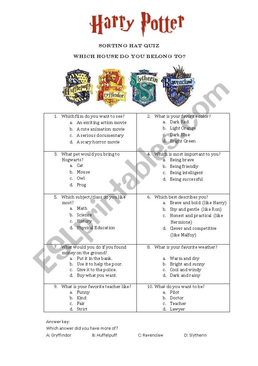 Sorting Hat Quiz Harry Potter ESL Worksheet By Eiwbl