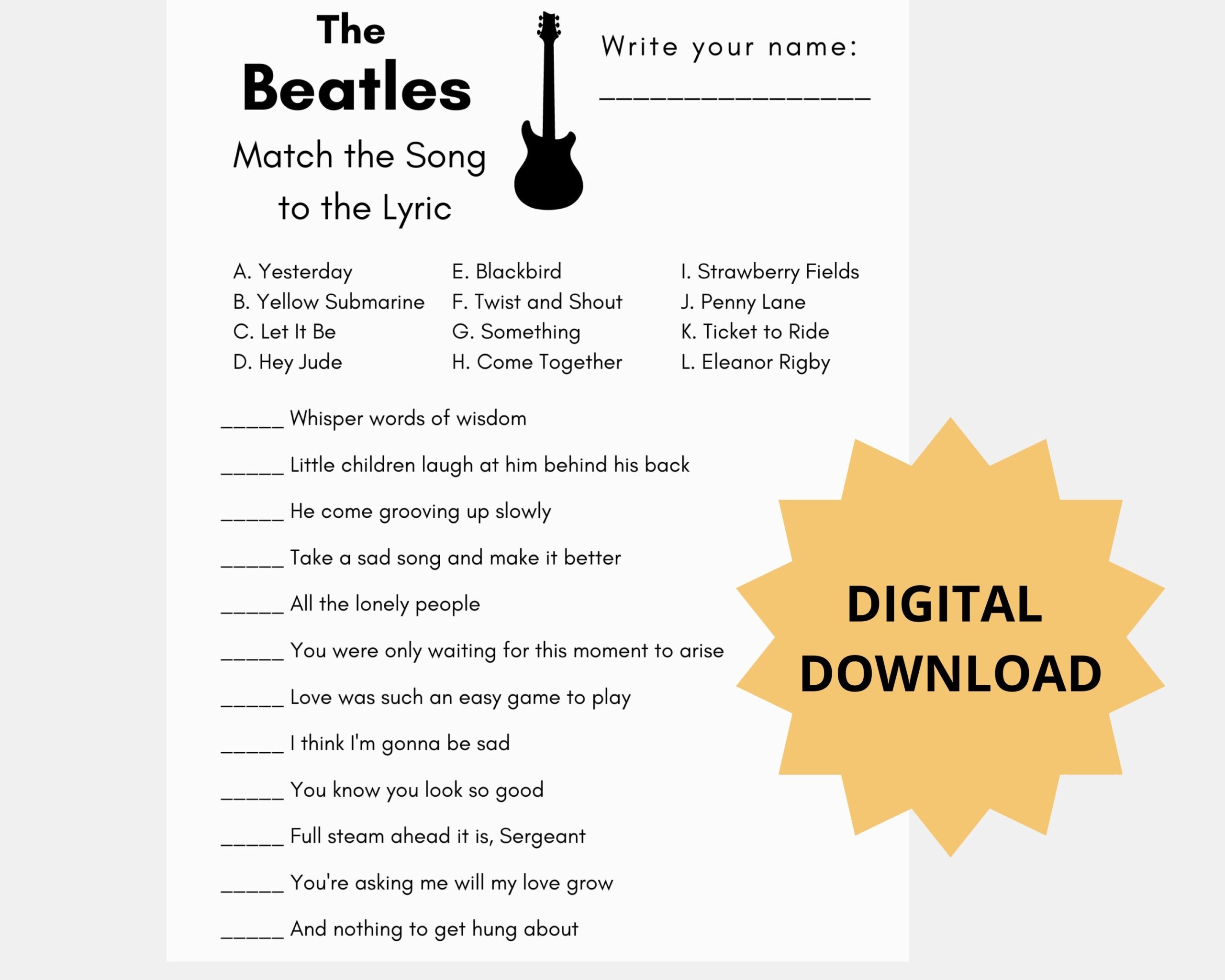 The Beatles Printable Song Matching Game Digital Download Party Game Etsy Sweden