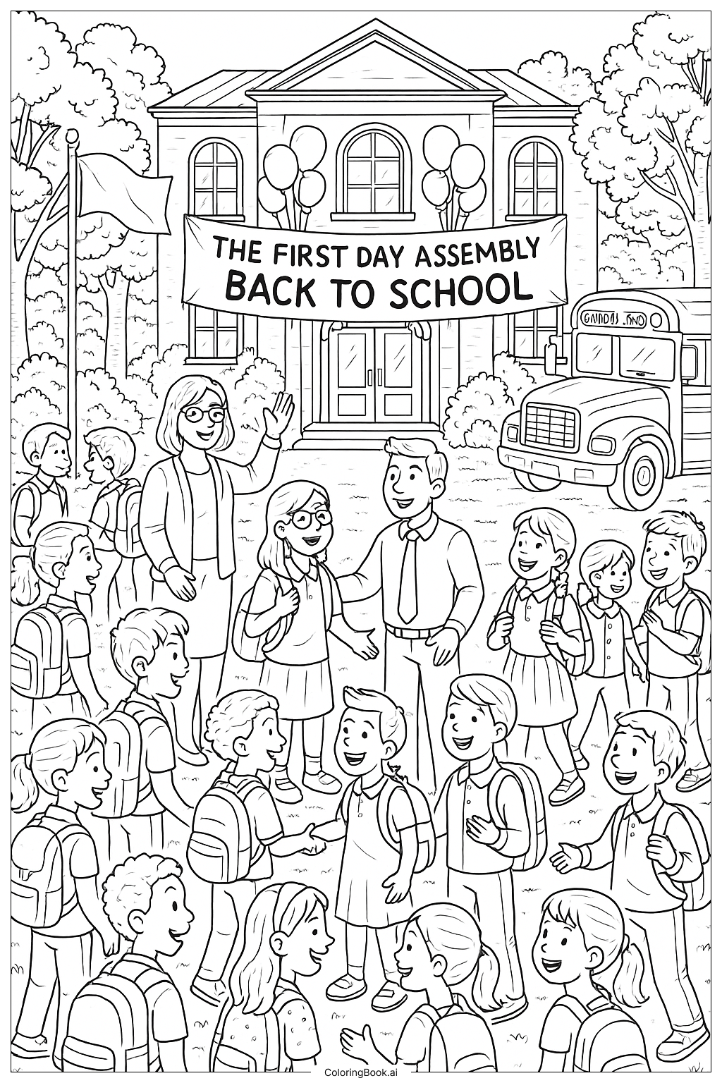 The First Day Assembly Back To School Coloring Page Free PDF PNG Printable