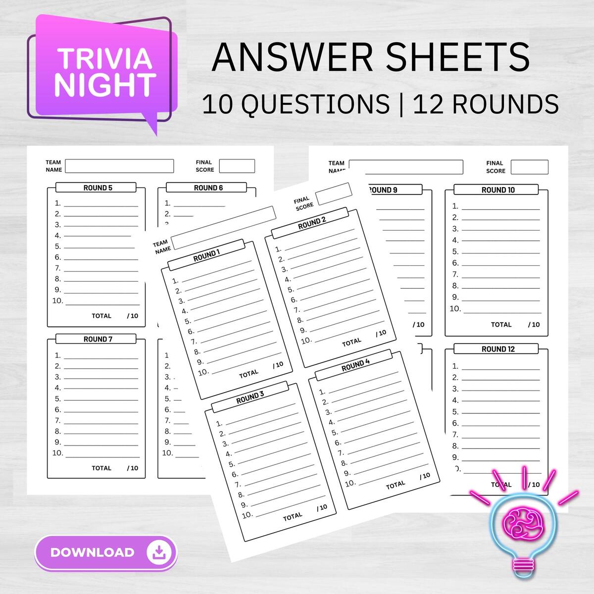 Trivia Answer Sheets 12 Rounds 120 Questions PDF Pattern Etsy