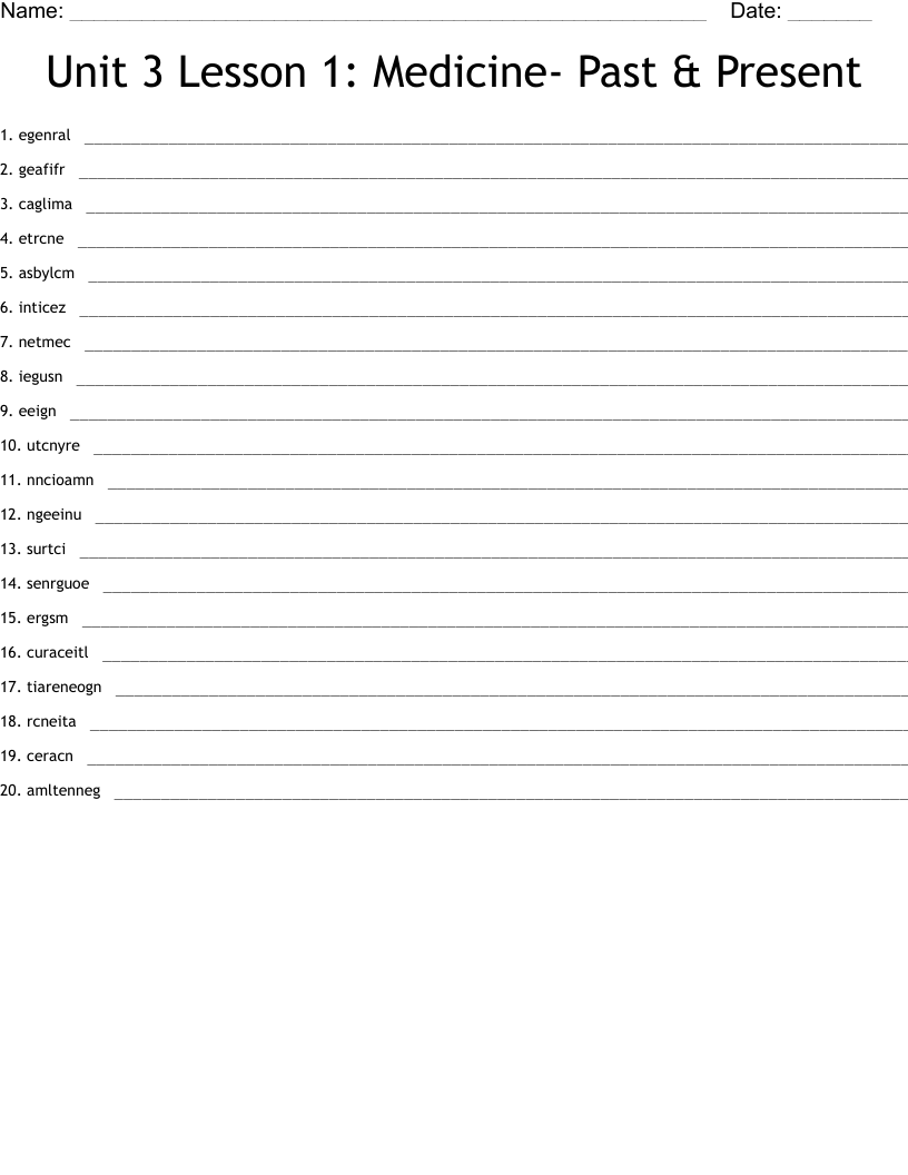 Unit 3 Lesson 1 Medicine Past Present Word Scramble WordMint Chapter 4 Social Studies Word Scramble WordMint
